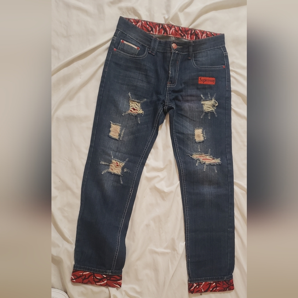 Supreme Dark Blue Distressed Slim Jeans